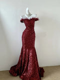 Burgundy gorgeous shiny Fashion Elegant Long Sequined Tulle Neckline Floor Length Train Sexy Ball Gown Evening Dress Prom Dress HZ1023