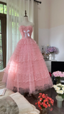 Pink sweet fashion elegant exquisite lace bow long tulle lace princess ball gown evening dress birthday dress adult ceremony dress HZ1023