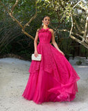 Pink Fashion Elegant Exquisite Lace Strap Long Tulle Ball Gown Evening Dress Wedding Guest Party Dress HZ1023