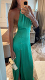 Green simple elegant fashion suspenders long satin slit sexy ball gown evening dress HZ1023