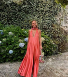 Red Orange V-neck Elegant Long Satin Evening Dress Party Dress Wedding Guest Dress HZ1023