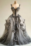 Off-White Vintage Delicate Lace A-Line V-Neck Tulle Long Floor-Length Ball Gown Evening Gown Wedding Dress HZ1023