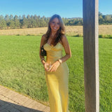 Yellow Simple Fashion Sexy Sweetheart Sleeveless Skinny Long Satin prom dress Evening Gown Wedding Guest Party Dress HZ1023
