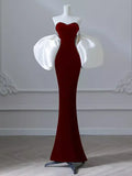 Burgundy Fashion Elegant Mermaid Off-shoulder Long Slim Velvet prom dress Evening Dress Party Dress HZ1023