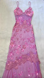 Pink Fashion Exquisite Beaded Spaghetti Strap A-Line Lace Floor Length Elegant Ball Gown Evening Dress HZ1023