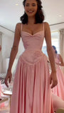 Pink retro elegant sweetheart neckline A-line spaghetti strap satin long evening dress birthday party dress bridesmaid dress HZ1023