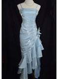Blue shiny stylish elegant spaghetti straps long satin ball gown evening dress party dress HZ1023
