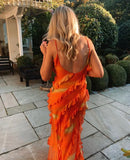 Orange Fashion Elegant Spaghetti Strap Long Ruffle Chiffon Ball Gown Evening Dress Party Dress Wedding Guest Dress HZ1023