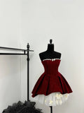Red shiny cute sweet heavy red velvet tube top short Bow skirt homecoming dress birthday party dress holiday small dress HZ1023