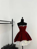 Red shiny cute sweet heavy red velvet tube top short Bow skirt homecoming dress birthday party dress holiday small dress HZ1023