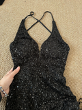 Black gorgeous V-neck shiny sexy elegant fringed mermaid slim floor-length tail long sequined ball gown evening dress party dress Prom Dress HZ1023