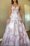 Pink/Blue Sweet A Line Floral Chiffon Long Elegant Floor Length Ball Gown Evening Gown Wedding Party Gown Prom Gown Graduation Gown HZ1023