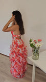 Hot Red Floral Print A-Line Backless Ruffle Long Chiffon Elegant Sexy Ball Gown Evening Dress Party Dress HZ1023