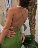 Green Simple Elegant Backless Lace Up Long Satin Prom Dress Evening Dress Party Dress Wedding Guest Dress HZ1023