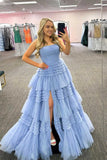 A-Line Strapless Tulle Long Prom Dress with Tiered Ruffles HZ1023