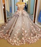 Light pink gorgeous delicate floral applique long tulle floor length train ball gown evening dress HZ1023