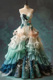 Green blue fashion gradient elegant exquisite floral applique long tulle ball gown evening dress wedding dress HZ1023