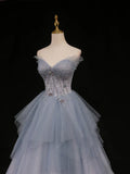 Blue Gorgeous Exquisite Beading A-line Tulle Long Prom Gown Evening Gown Formal Graduation Dress HZ1023