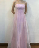 Pink Elegant Beautiful Floral Vintage A-Line Spaghetti Strap Long Chiffon Tulle Ball Gown Evening Dress Birthday Party Dress Prom Dress HZ1023