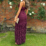 Purple Elegant Sexy Spaghetti Strap Ankle Length Chiffon Ruffle prom Evening Dress Party Dress HZ1023