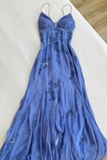 Blue Vintage Elegant V Neck Exquisite Embroidery Applique Beading Long Chiffon prom dress Evening Gown Party Dress HZ1023