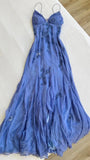 Blue Vintage Elegant V Neck Exquisite Embroidery Applique Beading Long Chiffon prom dress Evening Gown Party Dress HZ1023