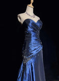 Navy Blue Vintage Fashion Exquisite Beading Long Satin Floor Length Ball Gown Evening Dress HZ1023