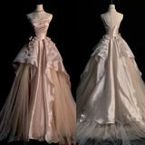 Pink Gorgeous Exquisite A-line Off-shoulder Beaded Long Tulle Ball Gown Wedding Dress Evening Gown HZ1023