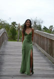 Green/Yellow Fashion Charming Mermaid Spaghetti Straps V Neck Sexy Slit Long Satin Elegant Prom Dress, Evening Dress, Party Dress HZ1023