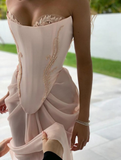 Pink vintage elegant beaded A-line lace ball gown evening dress HZ1023