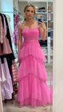 Hot pink elegant fashion long layered tulle bodycon princess ball gown evening dress HZ1023