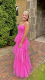 Hot pink elegant fashion long layered tulle bodycon princess ball gown evening dress HZ1023