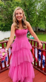 Hot pink elegant fashion long layered tulle bodycon princess ball gown evening dress HZ1023