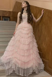 Pink shiny elegant off-shoulder sweet ruffle long tulle tiered ball gown, evening dress, party dress HZ1023