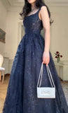 Navy Blue Vintage Fashion Elegant Strapless A-Line Delicate Lace Long Tulle Ball Gown Evening Dress HZ1023