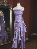 Blue shiny stylish elegant spaghetti straps long satin ball gown evening dress party dress HZ1023