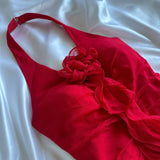 Red beautiful fashion unique elegant floral sling long chiffon tassel ruffle prom dress evening dress party dress HZ1023