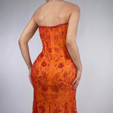 Beautiful Rare Vintage Orange Delicate Floral Sequin Beaded Backless Long Tulle Chiffon Ball Gown Evening Dress Prom Dress Birthday Party Dress HZ1023