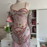 Pale Pink and Blue Flowing Vintage Fashion Mermaid Beaded Bodice Beaded with Sequins Beautiful Unique Glitter Elegant Long Chiffon Tulle Ball Gown Evening Gown Party Dress Prom Gown HZ1023