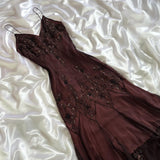 Red brown gorgeous beautiful elegant exquisite floral beading spaghetti straps long chiffon tulle ball gown evening gown party dress prom dress HZ1023