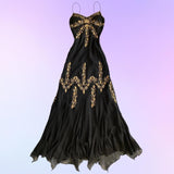 Black Gold Beautiful Embroidery Beaded Floral Spaghetti Strap Long Chiffon Ball Gown Evening Party Dress Prom Dress HZ1023