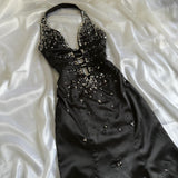 Black Gorgeous Vintage Fashion Elegant Exquisite Beaded Spaghetti Strap Long Satin Ball Gown Evening Gown Birthday Party Dress Prom Gown HZ1023