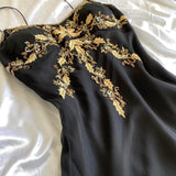 Black Gold Beautiful Embroidery Beaded Floral Spaghetti Strap Long Chiffon Ball Gown Evening Party Dress Prom Dress HZ1023