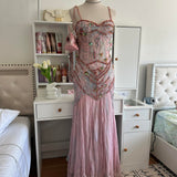 Pale Pink and Blue Flowing Vintage Fashion Mermaid Beaded Bodice Beaded with Sequins Beautiful Unique Glitter Elegant Long Chiffon Tulle Ball Gown Evening Gown Party Dress Prom Gown HZ1023