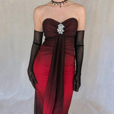 Black Red Fashion Gradient Retro Exquisite Rhinestone Elegant Shiny Long Chiffon Ball Dress Evening Dress Birthday Party Dress Prom Dress HZ1023