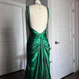 Green Shiny Vintage Fashion Sexy V-neck Rhinestone Bodycon Long Satin Backless Formal Prom Dress Evening Dress Party Dress HZ1023