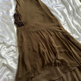 ??Brown Stunning Retro Unique Fashion Beautiful Elegant Exquisite Floral Long Ruffle Neckline Low Back Design Chiffon Ball Gown Evening Gown Birthday Party Gown Prom Gown HZ1023