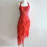 Red gorgeous shiny fashion elegant exquisite beaded Suspenders long elegant chiffon tassel ruffles prom dress evening dress party dress HZ1023