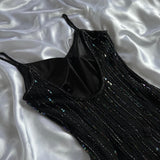 Black shiny elegant spaghetti strap sequined long ball gown prom dress evening dress party dress HZ1023
