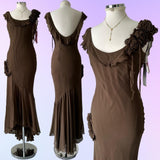 ??Brown Stunning Retro Unique Fashion Beautiful Elegant Exquisite Floral Long Ruffle Neckline Low Back Design Chiffon Ball Gown Evening Gown Birthday Party Gown Prom Gown HZ1023